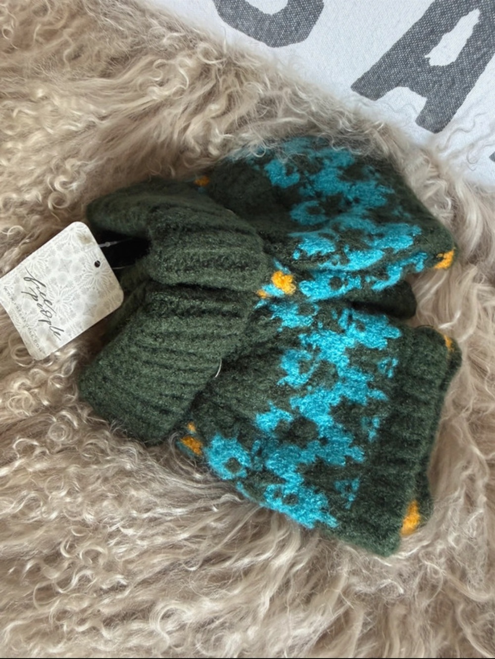 Free People Kids Dark Green, Teal & Yellow Knit Mittens